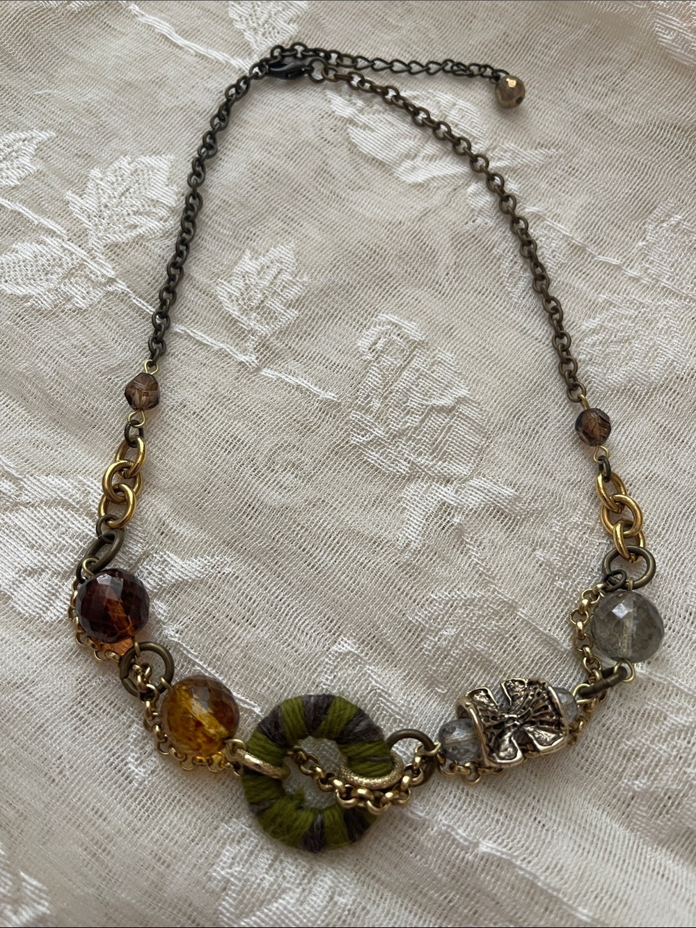 Mixed-Media Olive Green & Amber Accent Women’s Necklace